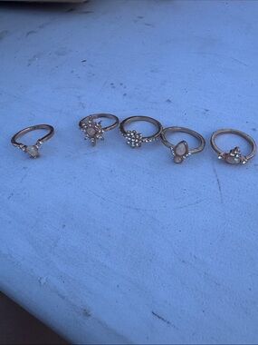 Delicate Rose Gold Opal & Crystal Stackable Rings - Set of 5